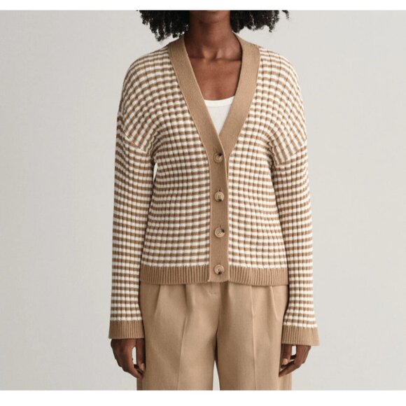 Gant Cotton Rib V-Neck Cardigan Stripe Khaki / Off White ( XXL ) - Picture 2 of 4